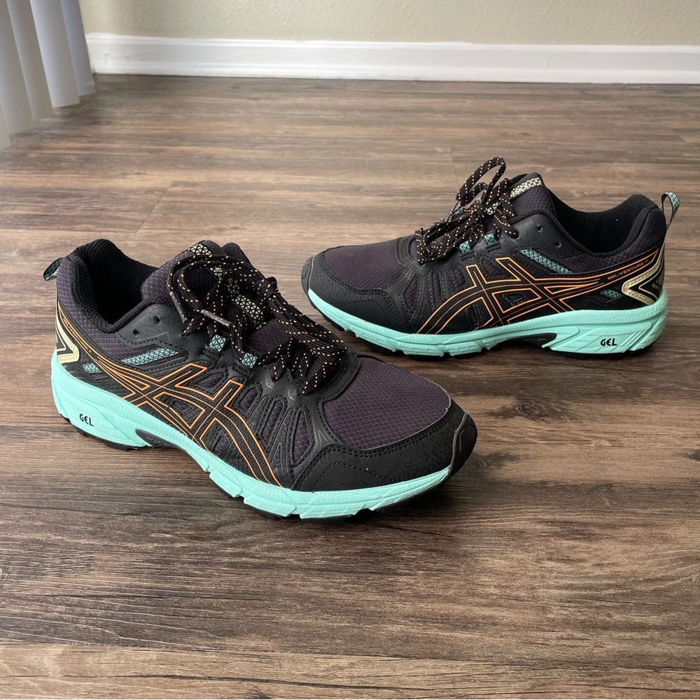 ASICS Gel Venture 7 Women's 8.5 Wide Black‎ Orange Teal Hiking Shoes 1012A477